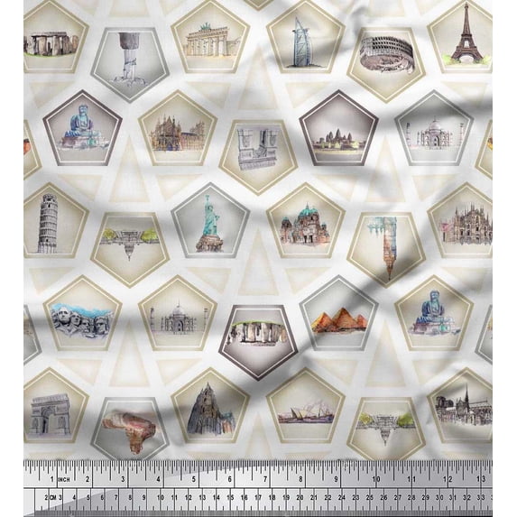 Soimoi Crepe Silk Fabric Geometric & Monuments Patchwork Printed Fabric 1 Yard 42 Inch Wide