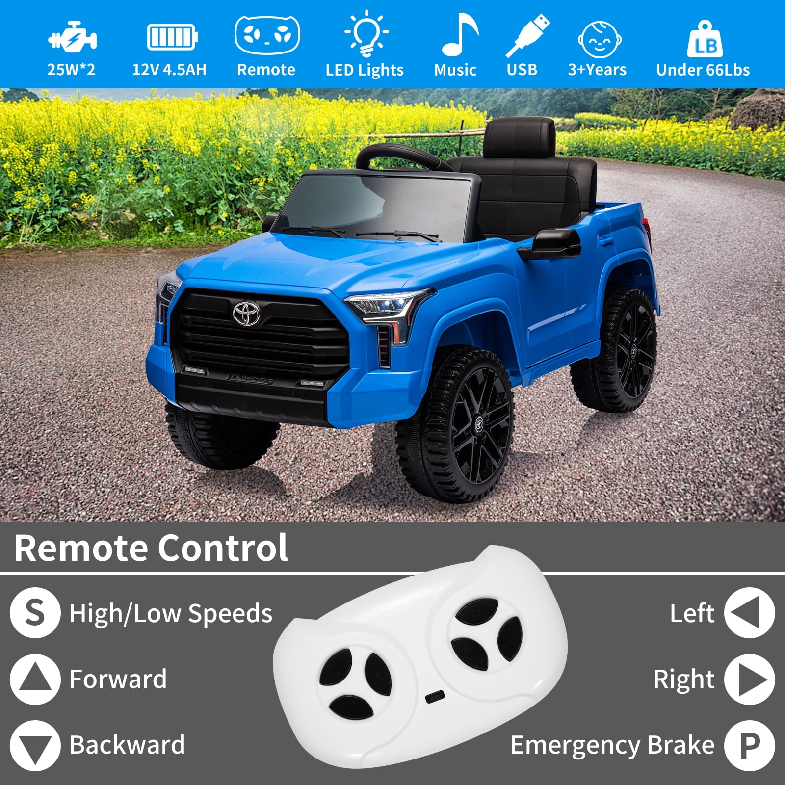 CazToi 12V Ride On Car  Licensed Toyota Tundra Remote Control Music Spring Suspension 3 Speeds LED Lights Gift for Ages 3+