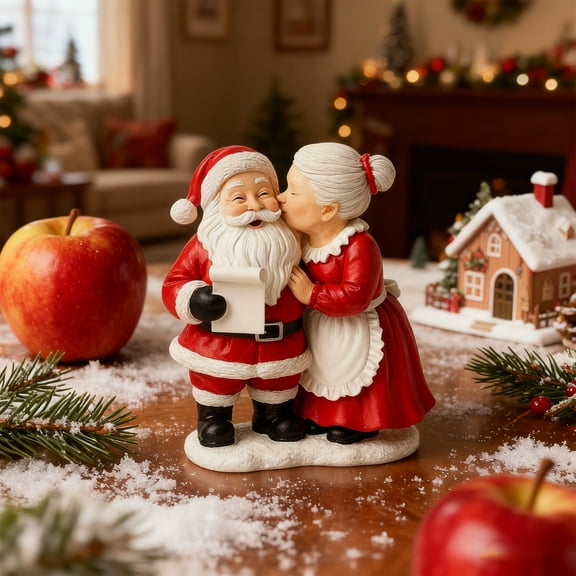 Mr. & Mrs. Santa Resin Kissing Couple – 2-Piece Hand-Painted Figurines, Vintage Red & White Christmas Decor for Tabletop & Holiday Gifts