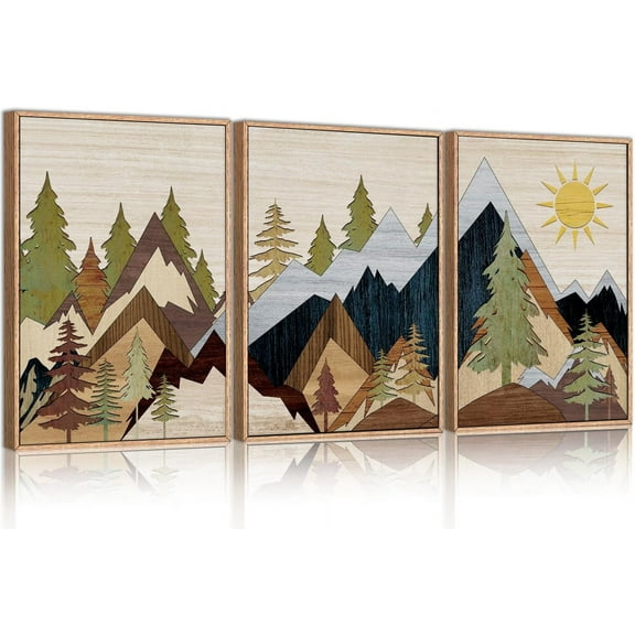 Mountain Pine Tree Framed Canvas Wall Art Set, Nature Wilderness Illustration Wall Decor, Woodcut Forest Wall Painting, Mid Century Modern Art Print for Living Room Bedroom Office 16"x24"x3
