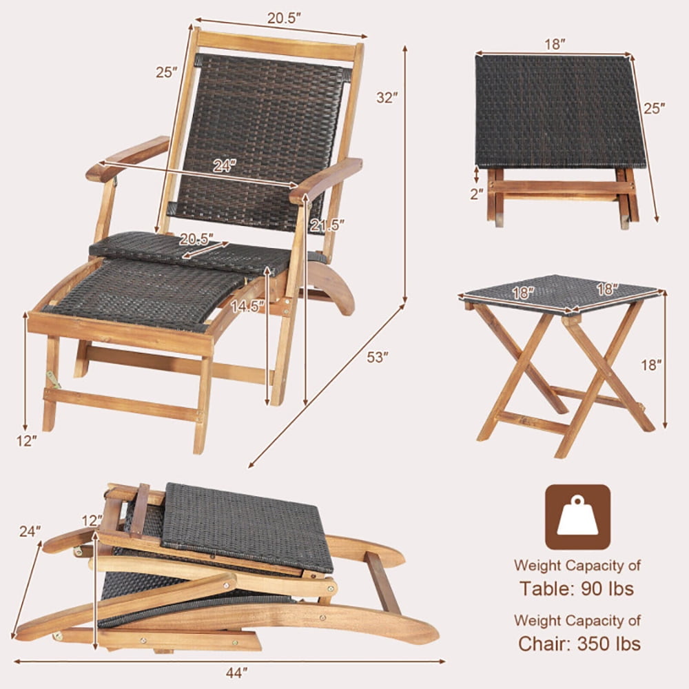 Aimee Lii 2 Pieces Patio Rattan Folding Lounge Chair with Acacia Wood Table, Patio Loungers Aimee Lii 2 Pieces Patio Rattan Folding Lounge Chair with Acacia Wood Table, Patio Loungers