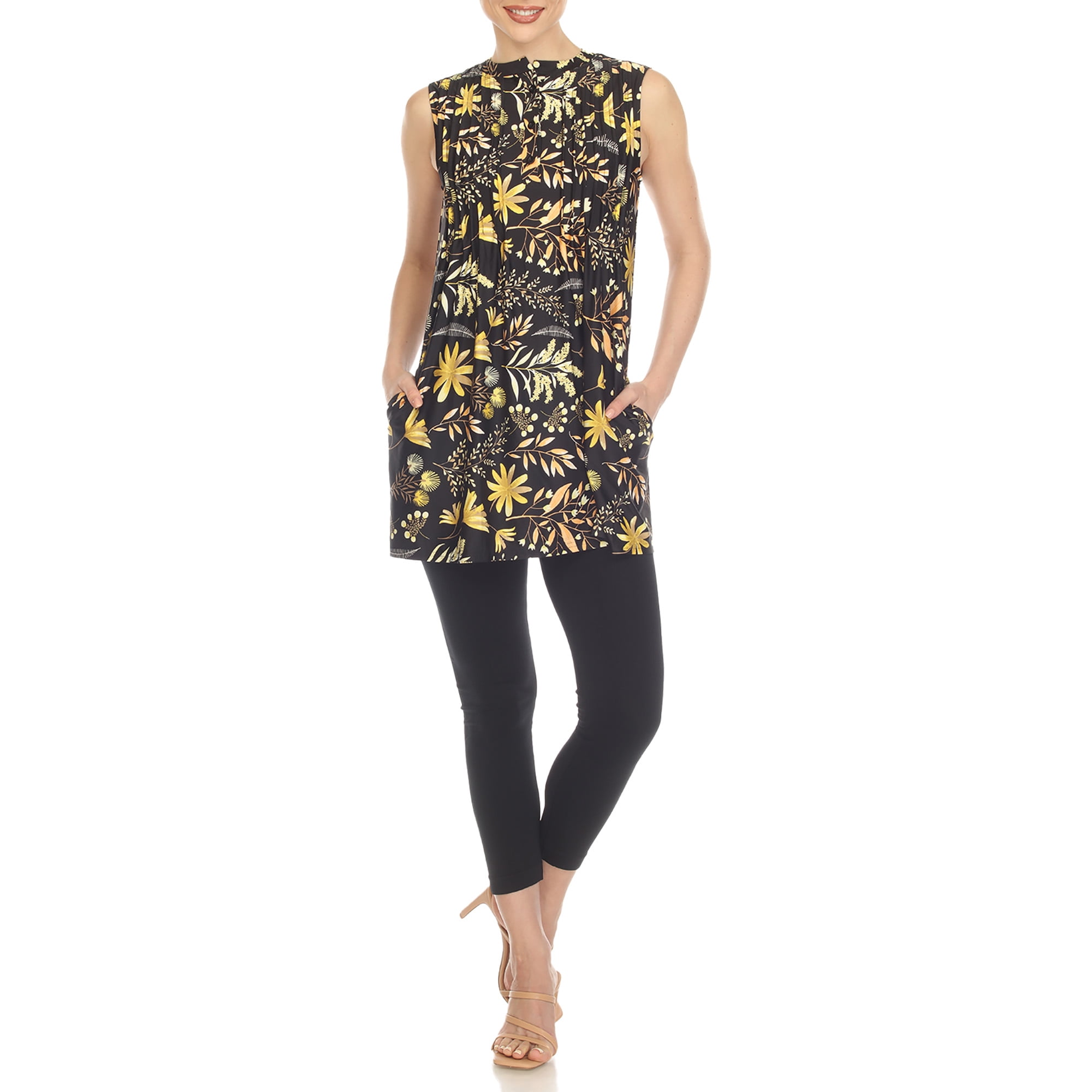 White Mark Women's Sleeveless Floral Pleated Tunic Top with Pockets