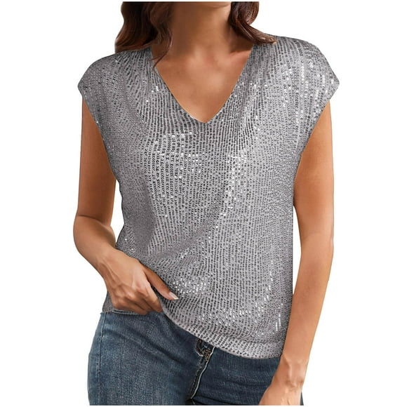 CFLVAEK Sparkly Glitter Top for Women Shimmer Sequin Cap Sleeve Tshirts Loose Fitted V Neck Party Club Tees XXXL