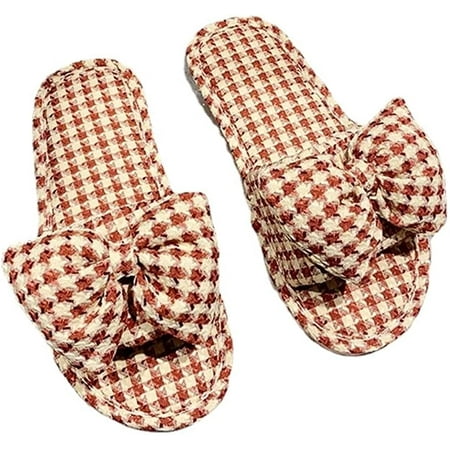 

DanceeMangoo Women s Soft Plaid Bow Word Drag Flat Slippers Small Fragrance Style Outdoor Indoor Shoes