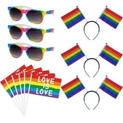 12 Pcs Gay Pride Party Decorations, Hand Waving Rainbow Flags LGBT Glasses Headbands Accessories for Pride Month Festival Celebration