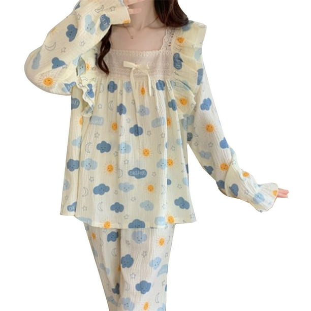 Women Long Sleeve Pajama Set Cute Cloud Bow Tie Moderate Thickness Stretchy Women Nightwear for Winter Cloud L Walmart