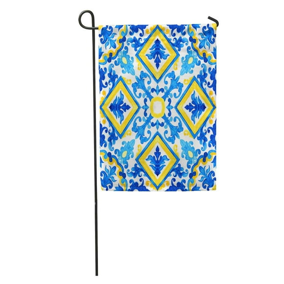NUDECOR Blue Pattern Portuguese Azulejo Tiles Watercolor Geo Simple Talavera Victorian Garden Flag Decorative Flag House Banner 28x40 inch