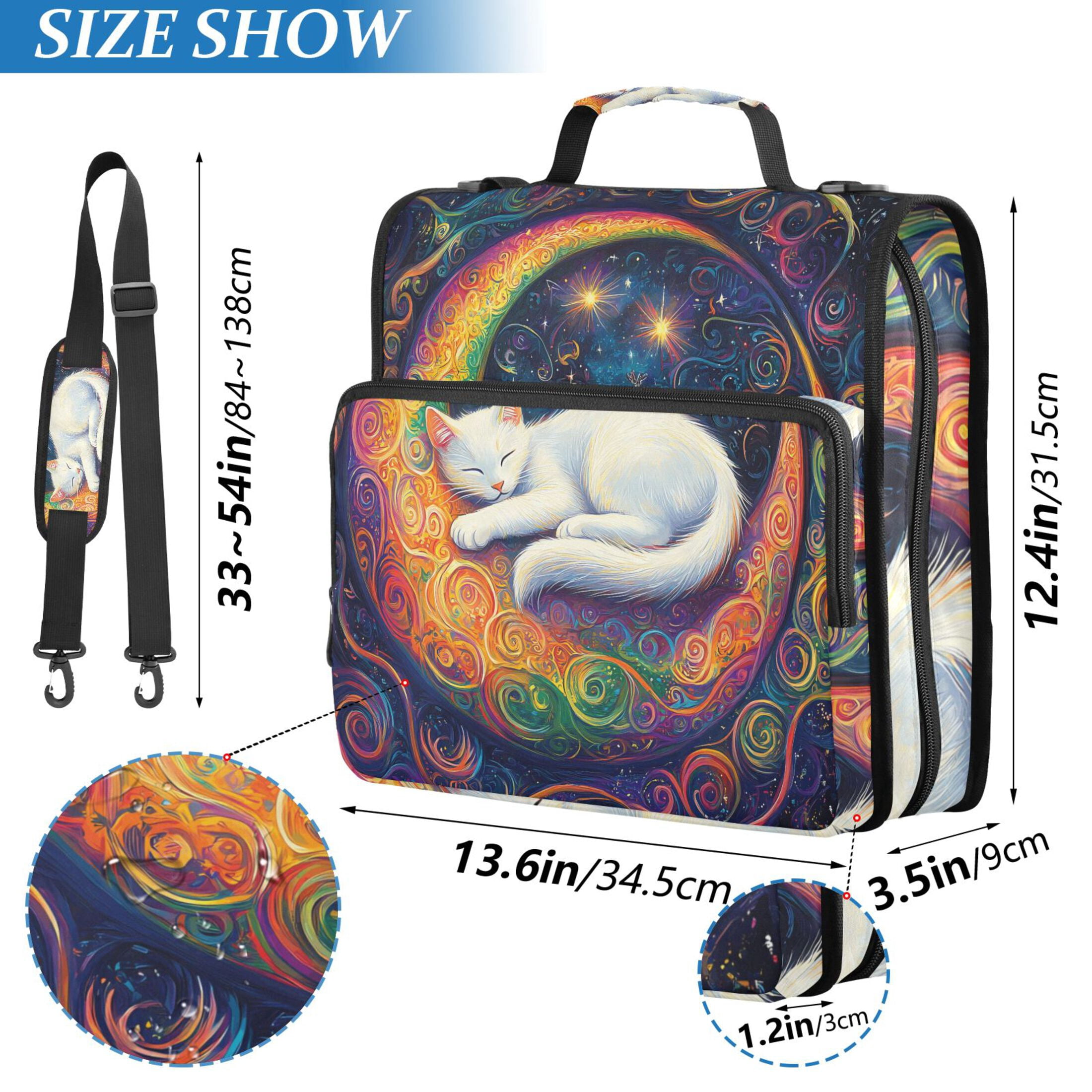 3 Ring Zipper Binder with Shoulder Strap Waterproof Trapper Keeper 2 Inch D-Ring 500 Sheets Capacity Cat Laying on Moon