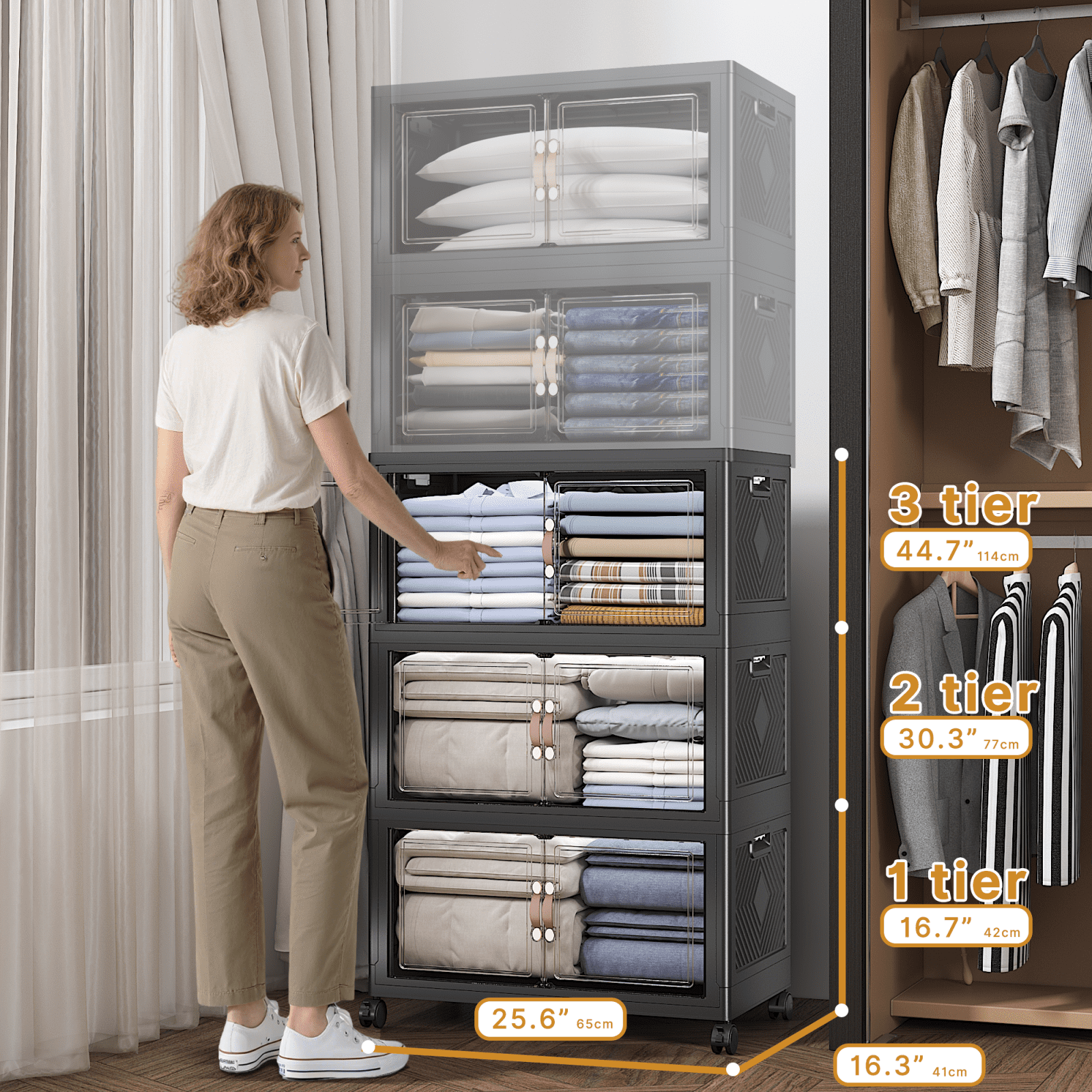 UAMFURI 336QT Stackable Storage Bins with Lids and Wheels, Foldable Closet Organizers, 28GAL*3Pack Plastic Storage Drawers for Kitchen, Bedroom, Dorm