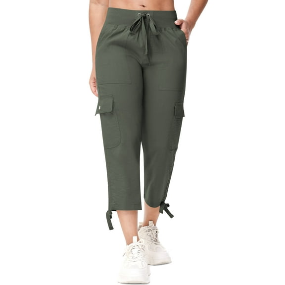 Satankud Women's Cargo Capris Hiking Pants for Camping Outdoor Athletic Casual Loose Comfy Elastic Waist with Pockets Quick Dry Armygreen S