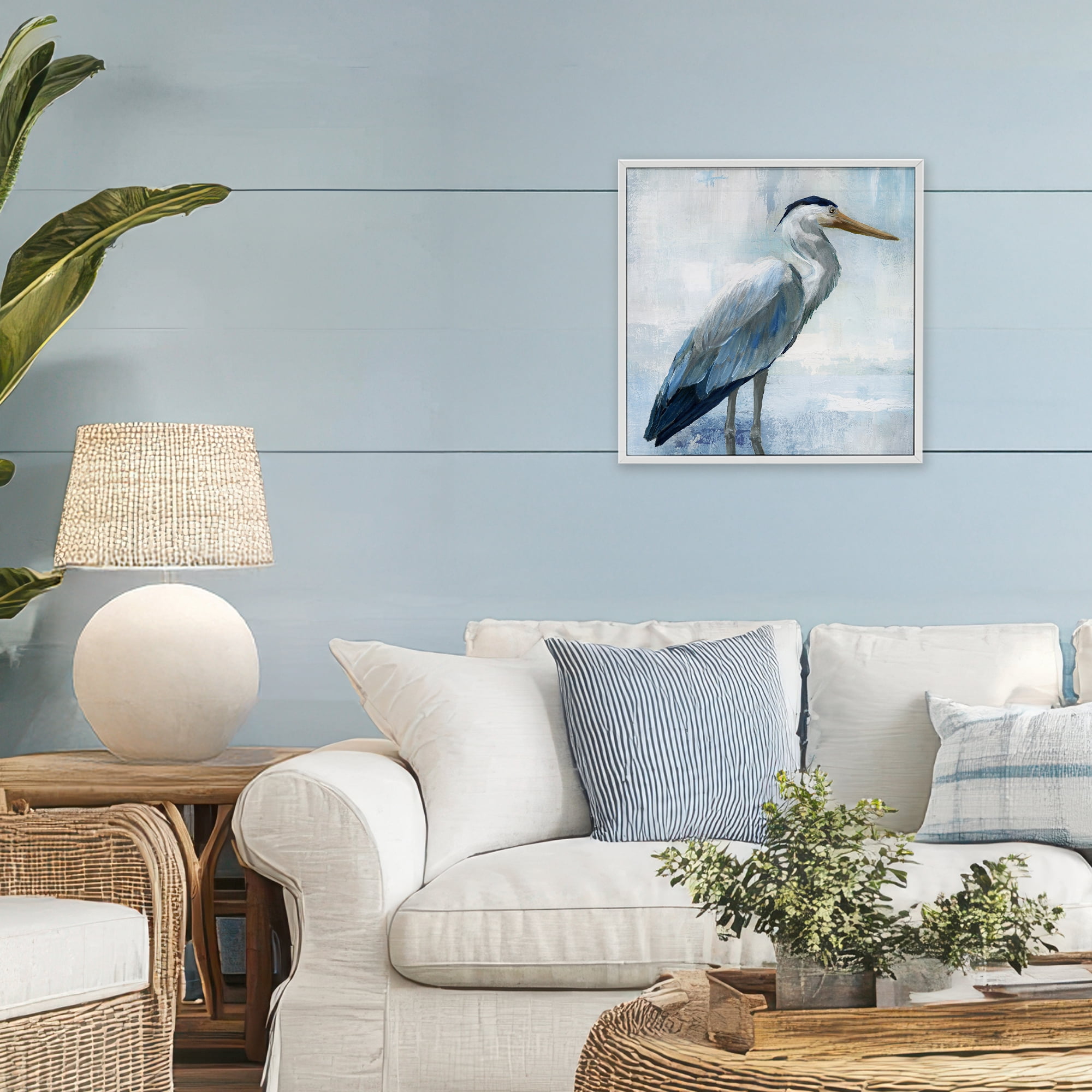Stupell Industries Serene Blue Heron In Aqua White Framed Giclee Art, design by Nan