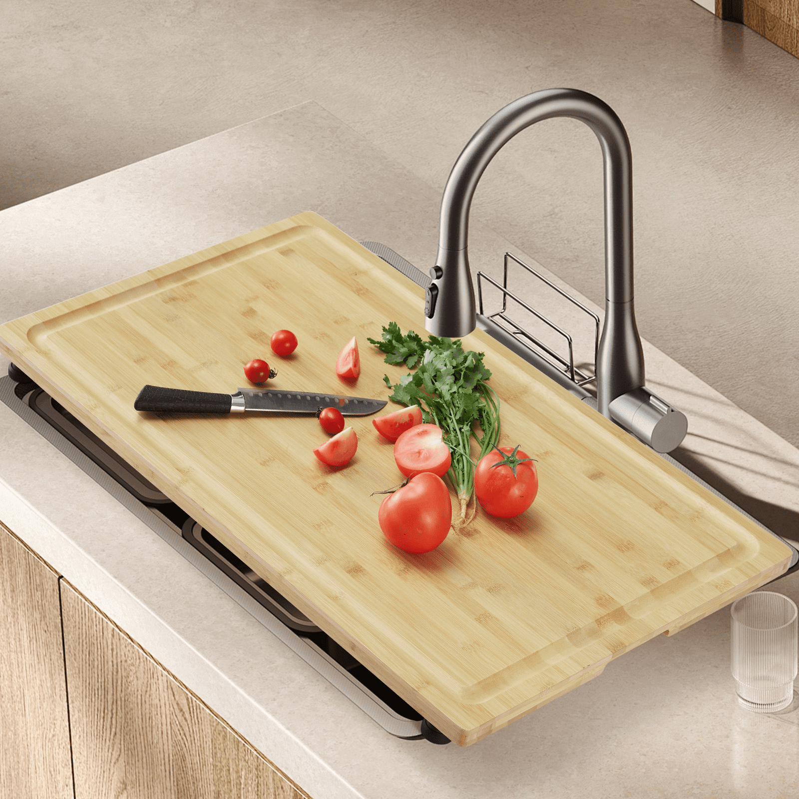 Amkui Bamboo Wood Cutting Boards for Kitchen, Stove Cover Board for Gas Stovetop, Cutting Serving Board with Legs and water Grooves, 30"x20" （Groove handle style）