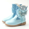 thumbnail image 4 of Ticikt Girls Glitter Cowboy Boots, Butterfly Pearl Lace Bow Side Zipper Fashion Mid Calf Kids Boots,Blue, 4 of 8