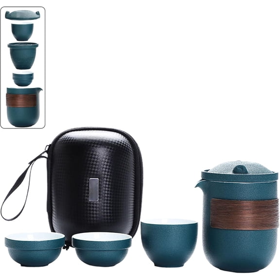 Ceramic Teapot Travel Tea Set: Portable Tea Set with Travel Bag, 1 Pot 2 Cups Porcelain Tea Cup Set, Mini Tea Pot Set for Home Office Outdoor Camping Picnic (Blue 3Cups)