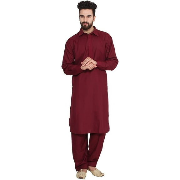 Royal Men's Traditional Neck Thread Embroidered Blended Pathani Suit With Classic Collar