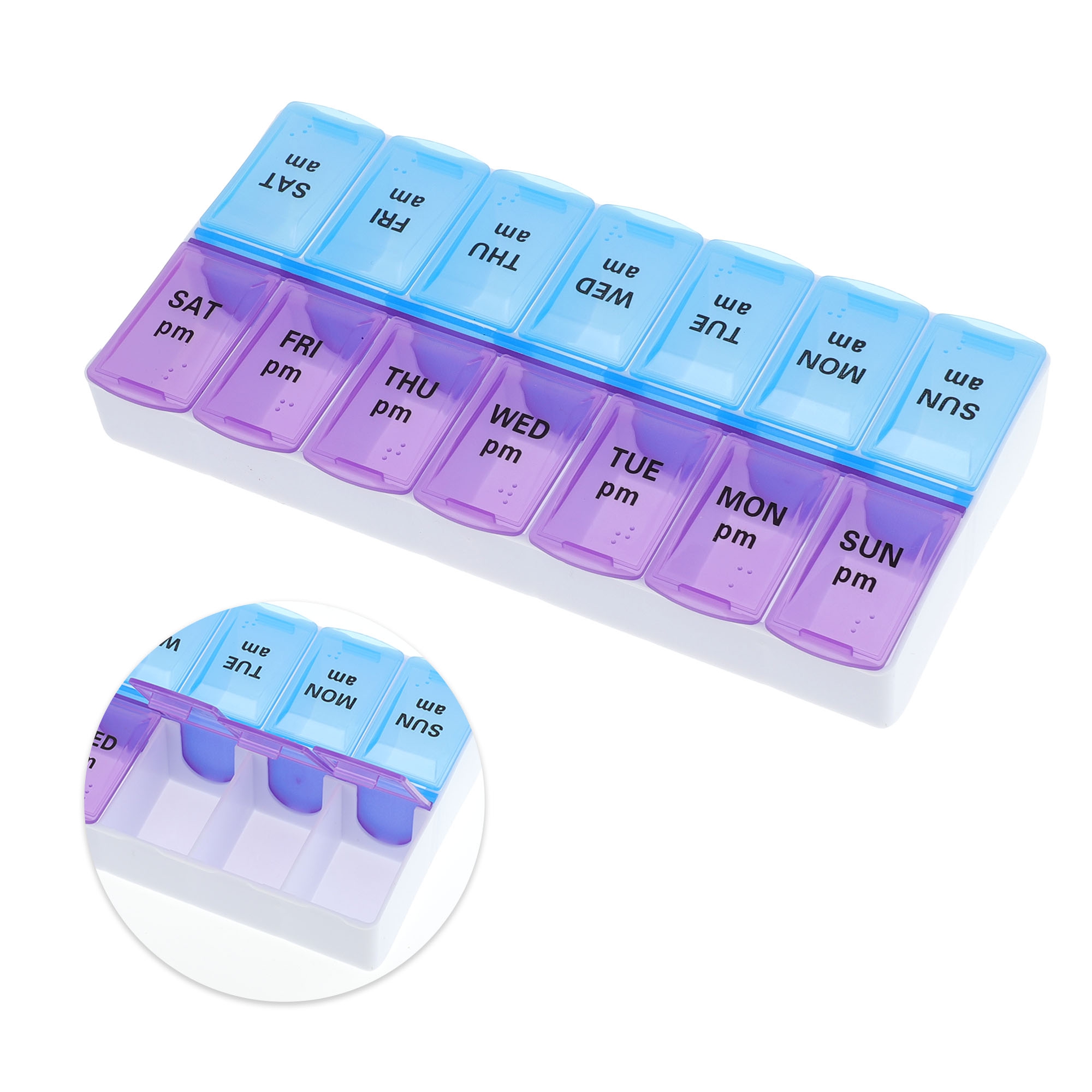 Unique Bargains Compact 14 Grids Double Row Pill Box for Travel and Daily Use Purple Blue