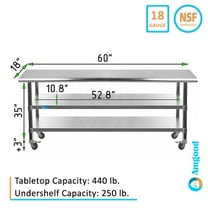 AmGood 60" Long x 18" Deep Stainless Steel Work Table with 2 Shelves and wheels | Metal Food Prep Station | Commercial & Residential NSF Utility Table
