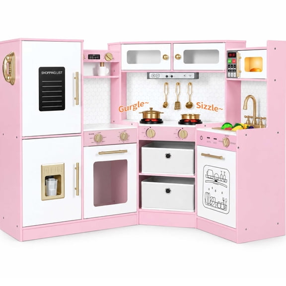 Wisairt Corner Wooden Play Kitchen for Kids, Interactive Pretend Play Kitchen with Realistic Lights & Sounds, 23 Pcs Cooking Accessories, Age 3 , Pink