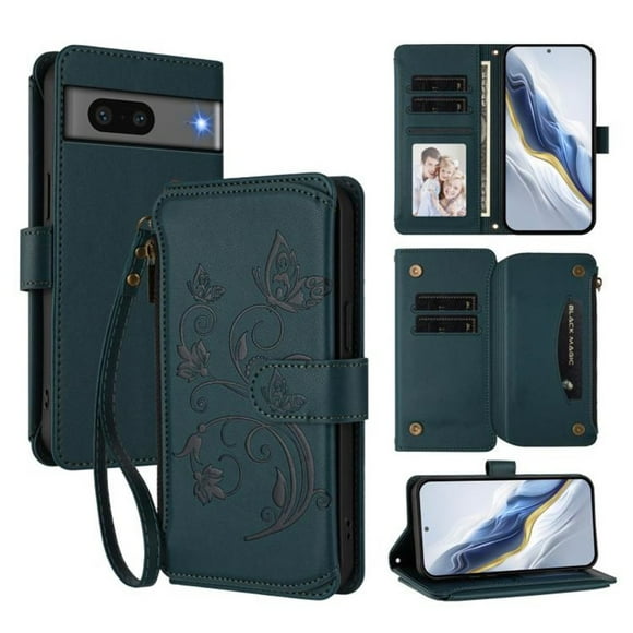 Magnetic Clasp Flip Stand Case for Google Pixel 7 5G with Lanyard 5-Card Holder Butterfly Flower Multi-card Zipper Wallet Leather Phone Case,Dark Green,For Google Pixel 7 5G