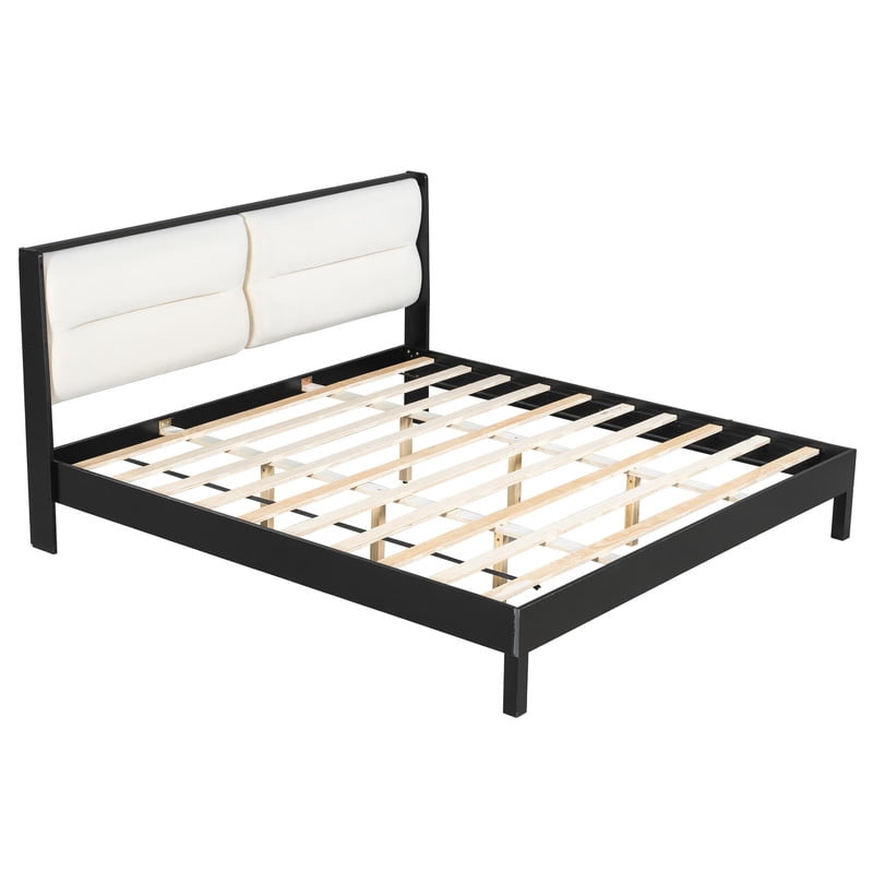 Wooden King Size Platform Bed with Velvet Upholstered Headboard, Low-Profile Bed Frame with Slat Support No Box Spring Needed