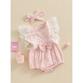 thumbnail image 3 of Bslissey Infant Girls Sweet Fly Sleeve Romper Baby Girl Lace Patchwork Flower Print Jumpsuit Newborn Summer Casual Bodysuit with Headband 3M 6M 9M 12M, 3 of 9
