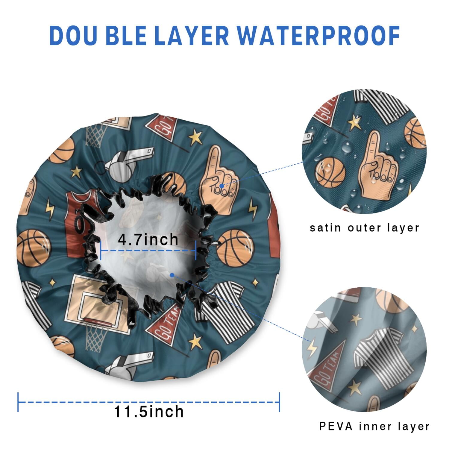 Shower Caps,Blue Basketball Related Items Pattern Waterproof Shower Cap for Women 4 Pieces,Double Reusable Hair Cover for Shower PEVA Elastic Stretch Hem