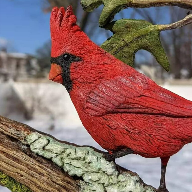 Lieonvis Bird on Wood Branch Handmade Bird Figurines Miniature Red