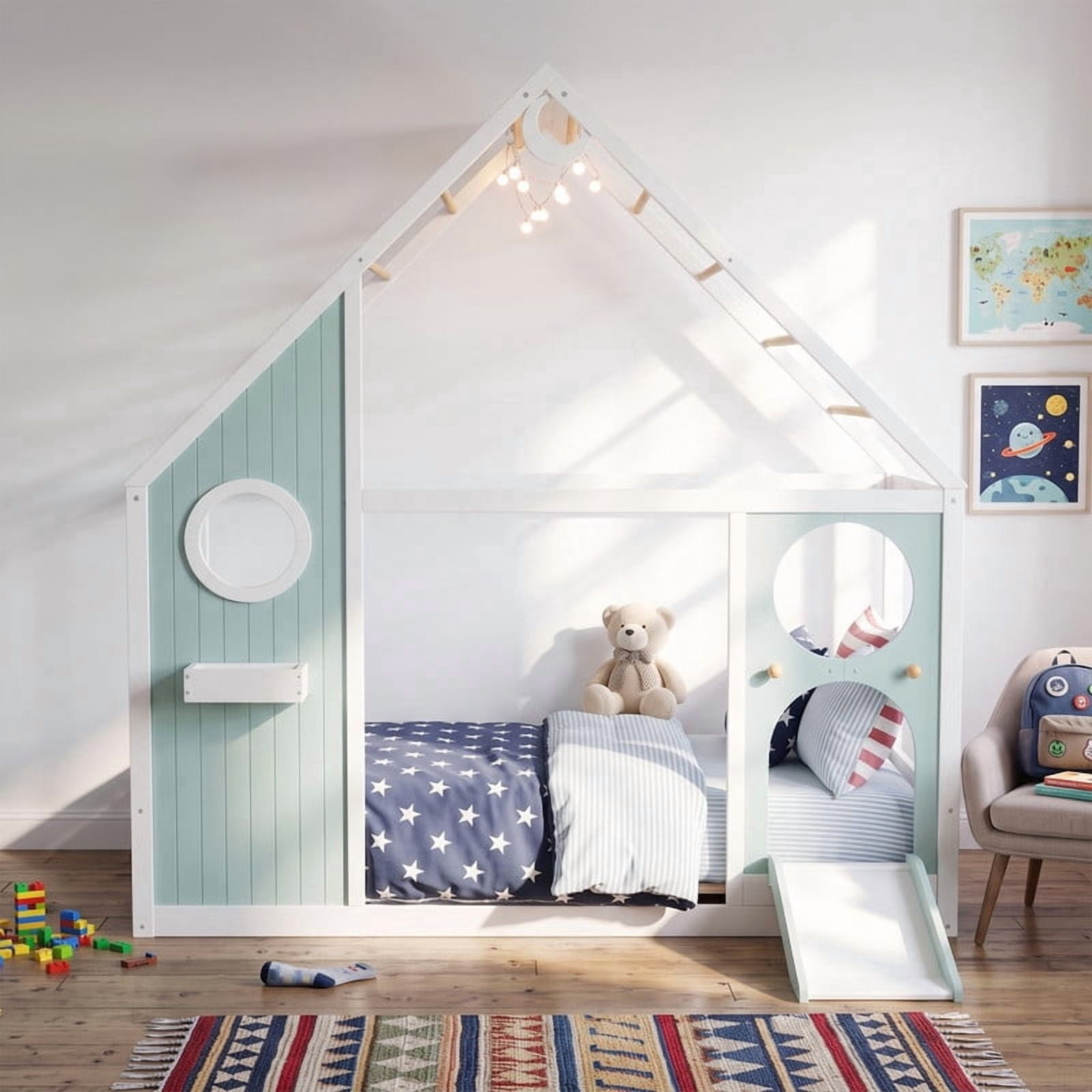 Twin Size Kids House Bed with Small Slide, Wooden Playhouse Floor Design Platform Bed Frame with Light Strip & Storage Shelf