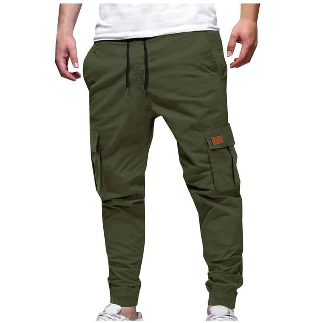 AherBiu Men Work Pants Drawstring Slim Fitted Hiking Cargo Joggers with Multi Pockets Elastic Waist Trousers