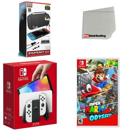 Nintendo Switch OLED Console White with Super Mario Odyssey, Accessory Starter Kit and Screen Cleaning Cloth Bundle