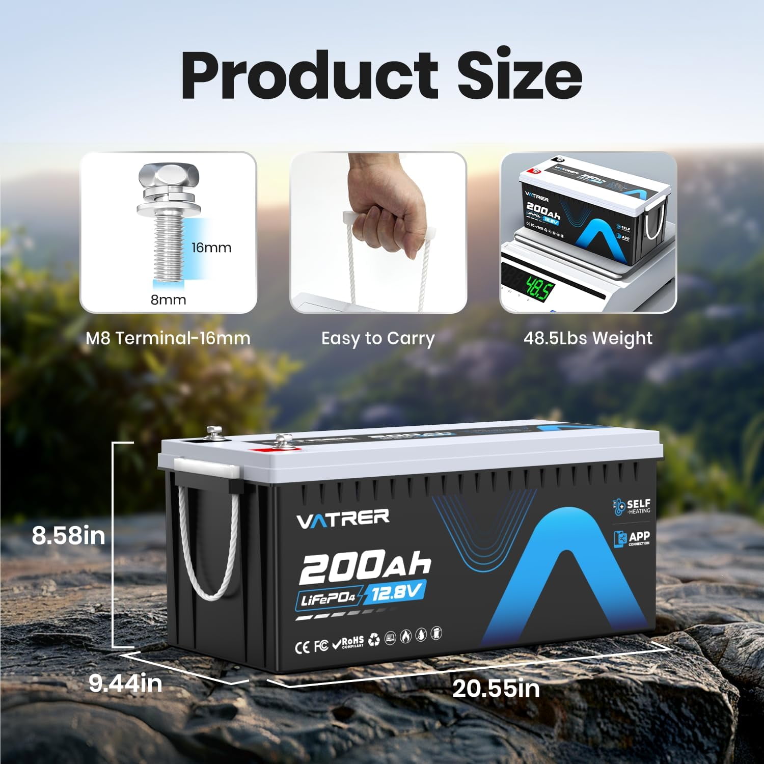 VATRER POWER 12V 200AH LiFePO4 Lithium Battery with Self-Heating, Built-in 200A BMS, Supports Low Temp Charging(-4°F), 5000+ Cycles, Perfect for RV/Camper, Solar, and Off-Grid Applications,