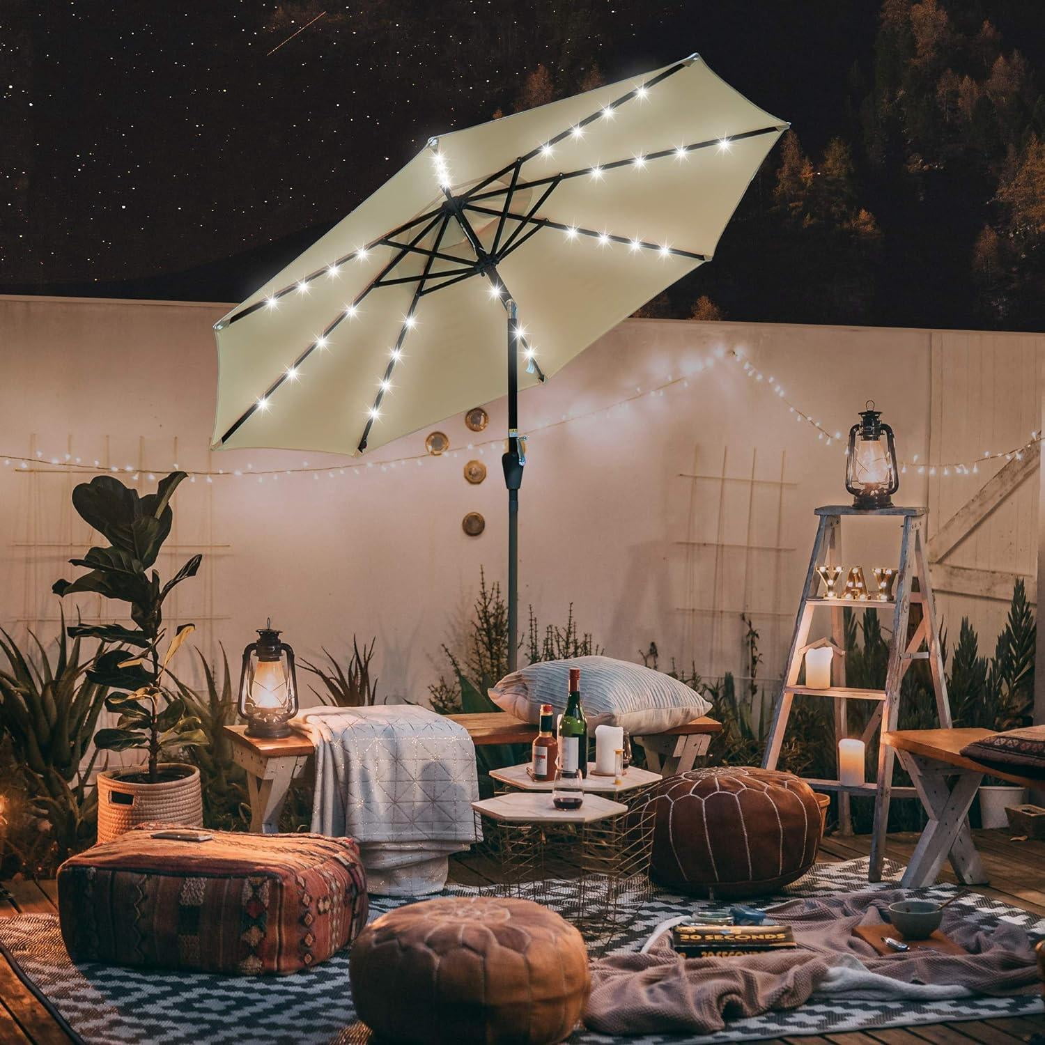 10ft Solar LED Outdoor Market Tilt Patio Umbrella, Beige