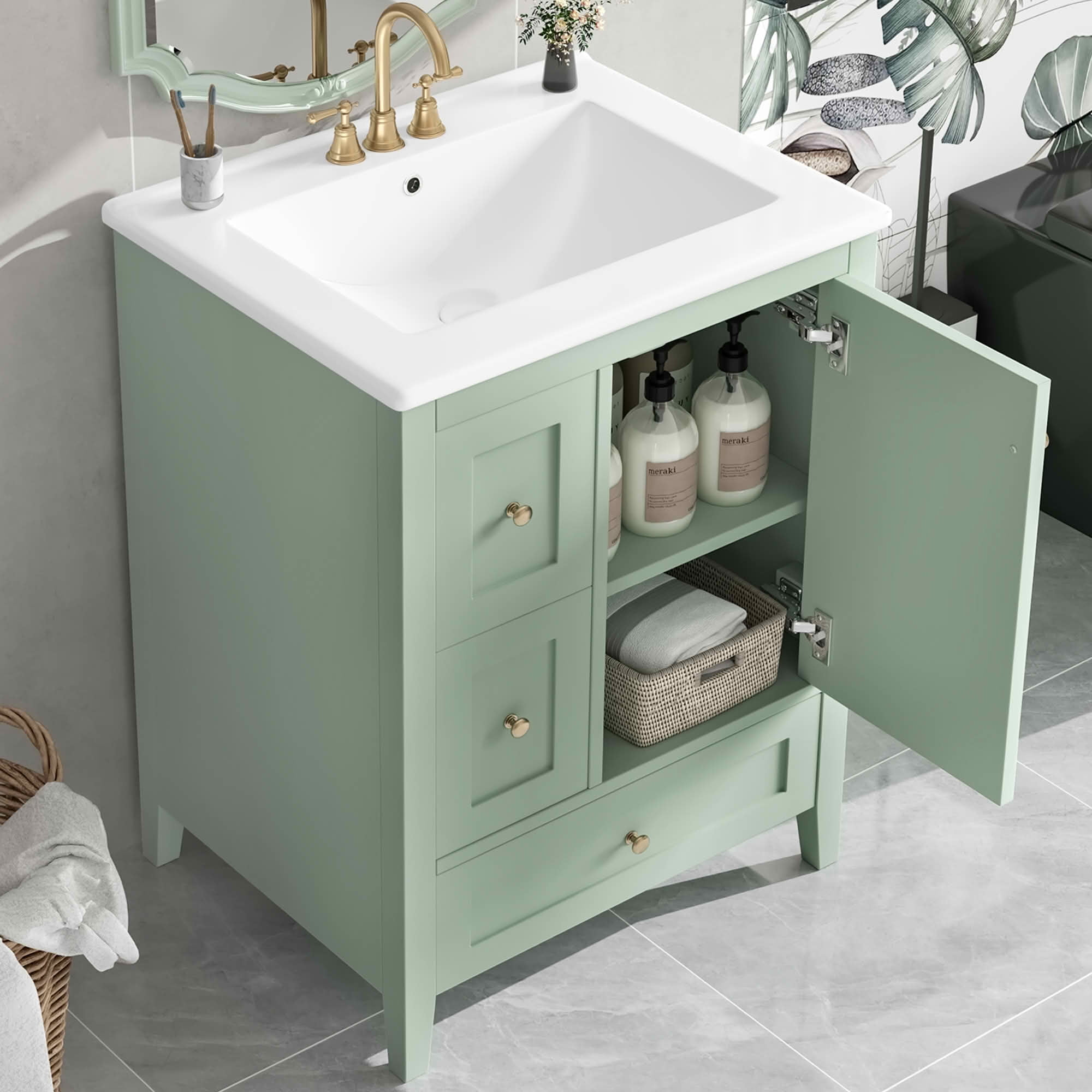 MAYEERTY 24-Inch Bathroom Vanity with Storage, Adjustable Shelf MDF Rubberwood Removable Dividers, Green Finish
