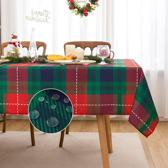 Christmas Rectangle Green Plaid Tablecloth - 60 x 84 Inch - Checkered Water Stain Resistant Table Cover, Washable Polyester Table Cloths for Xmas Dinner/Party Decoration/Holiday