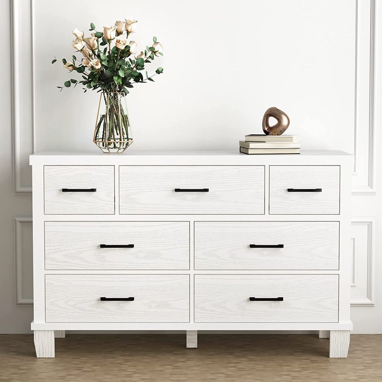 white dresser with black knobs Yartaka 7 Drawer Double Dresser , White Finish