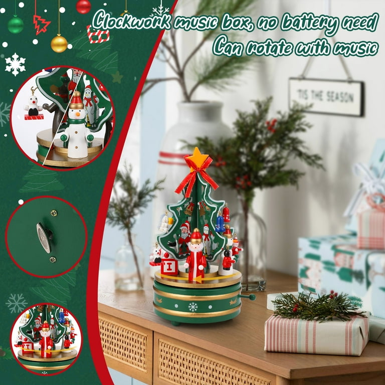 Welltop Wooden Rotating Christmas Tree Music Box, DIY Xmas Music