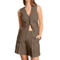 thumbnail image 2 of Uootdi Women's 2 Piece Matching Lounge Set Sleeveless V Neck Button Down Vest High Waist Pleated Linen Shorts Set with Pockets, 2 of 6