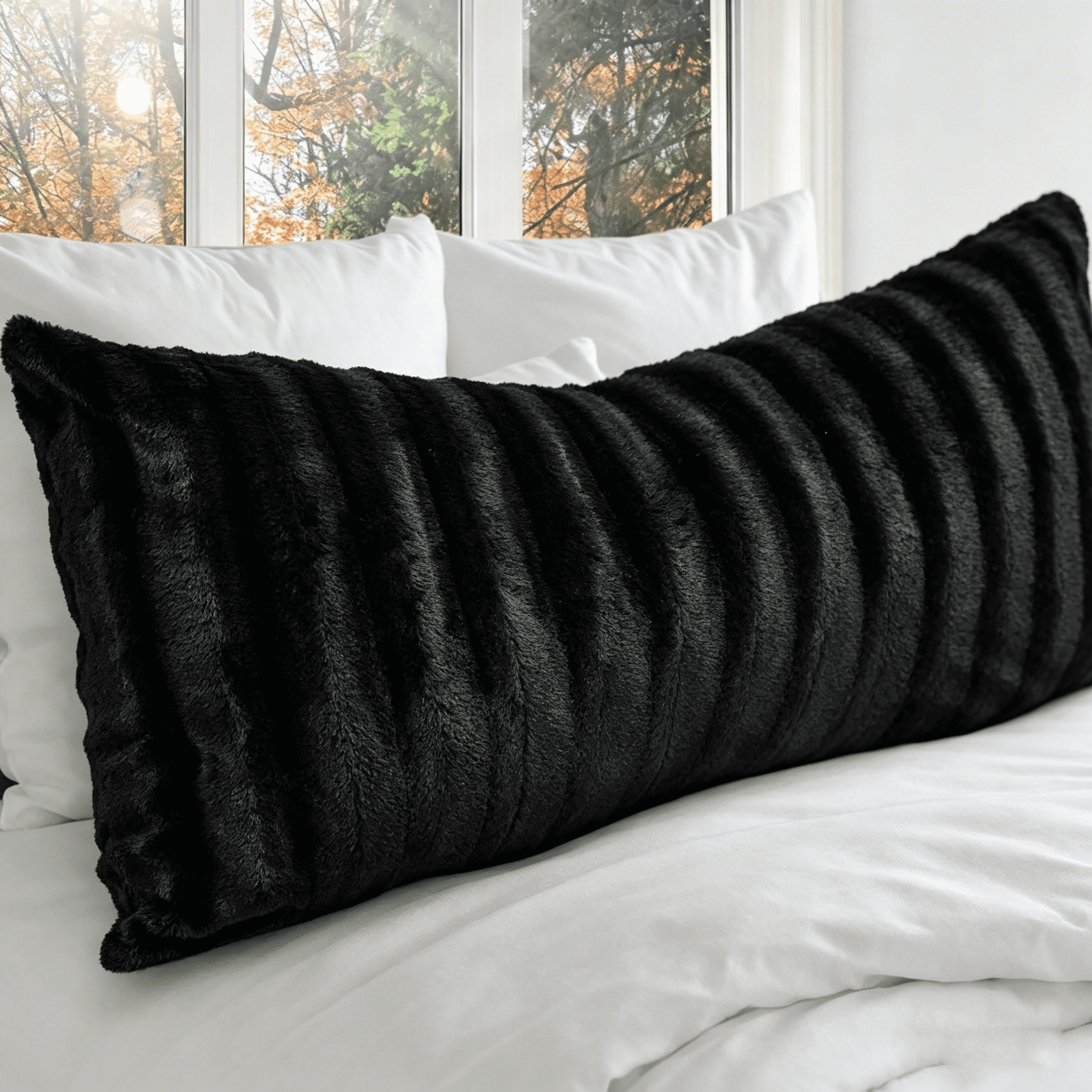Wjsp Faux Fur Body Pillow 18"x40" Black Polyester Soft for Bed Couch Decorative