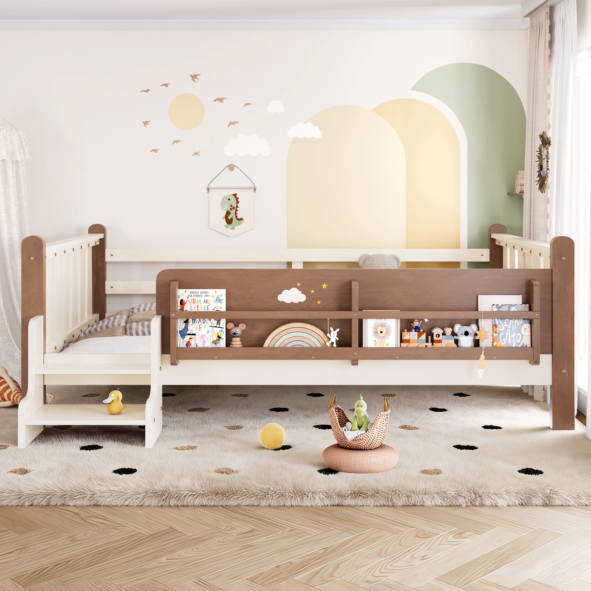 Miniyam Full Size Kids Floor Bed with Guardrails and Bookshelves, Pine Wood & MDF Frame, Easy Access Step Ladder, Beige
