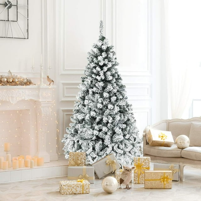 COSTWAY 6 FT Pre-Lit Christmas Tree, Snow Flocked Hinged Xmas Tree with 600 Branches Tips & 250 LED Lights, Metal Stand, Artificial Pine Lighted Holiday Tree for Home Office Decorations