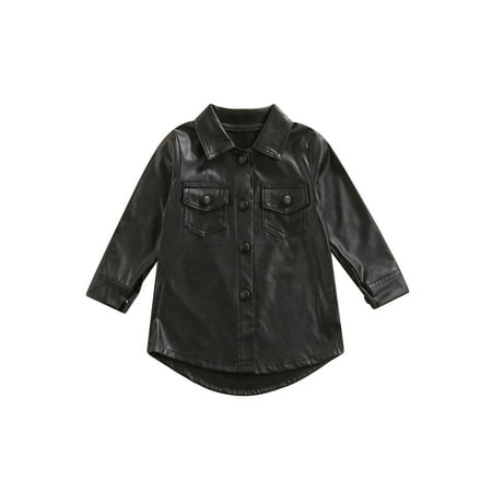 

TheFound Toddler Baby Girls PU Leather Dress Coat Long Sleeve Button Shirt Dress Outwear One-Piece Outfits