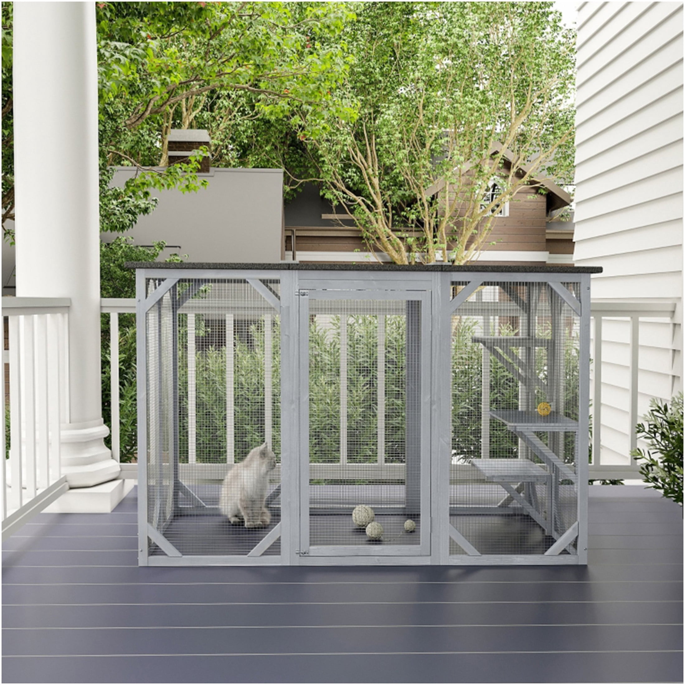 JERFIT Large Outdoor Catio Enclosure for Multiple Cats, Weatherproof Wooden Cat Cage Playpen with Asphalt Roof, Sturdy Wire Mesh, Grey