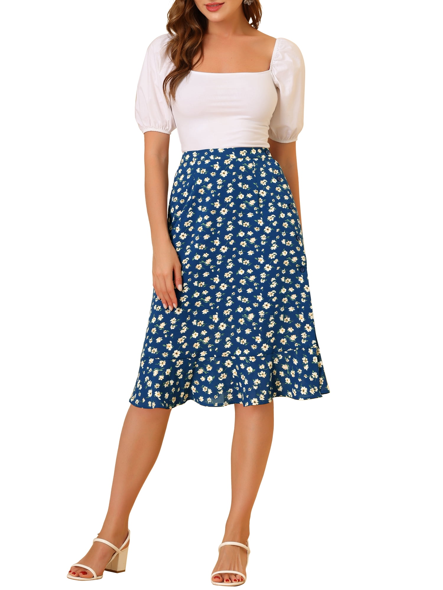 DARING DIVA Women's Floral Ruffle Hem Elastic Back Split Skirt S Blue