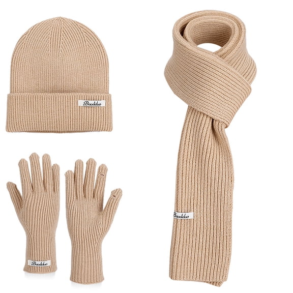 Sahpxhe Womens Winter Beanie Scarf Gloves Set Warm 3 In 1 Ribbed Knit Set Hat Long Scarf Full Finger Gloves Cold Weather Outdoorwear Khaki Free Size