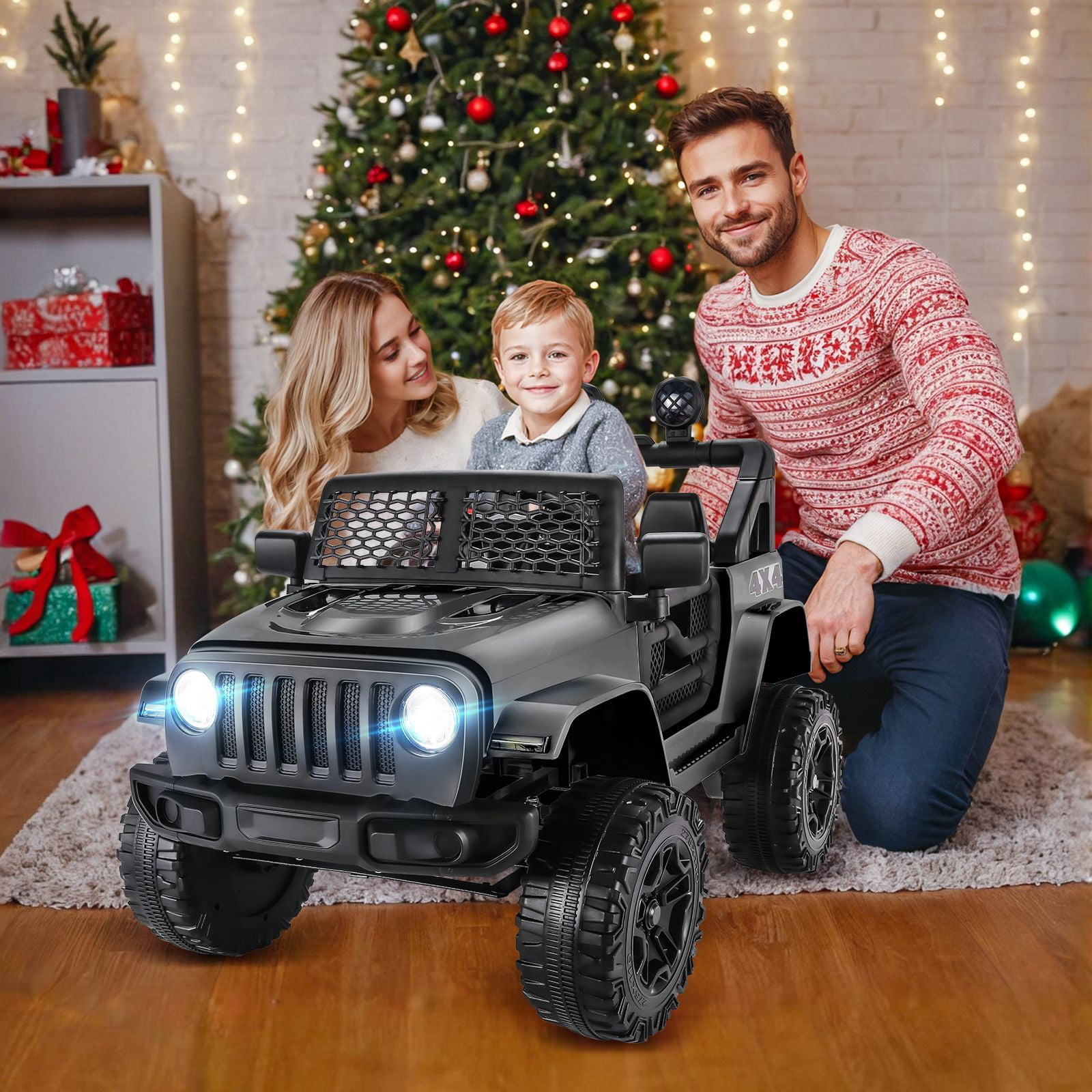 Funcid 12V 7AH Kids Powered Ride on Truck Car with Parent Remote Control, Bluetooth Music, Spring Suspension, LED Lights - Black