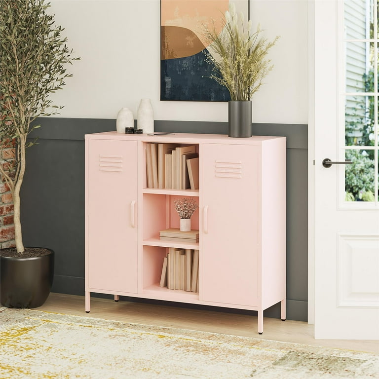 RealRooms Shadwick 2 Door Metal Locker Accent Storage Cabinet with Center Bookcase Pale Pink