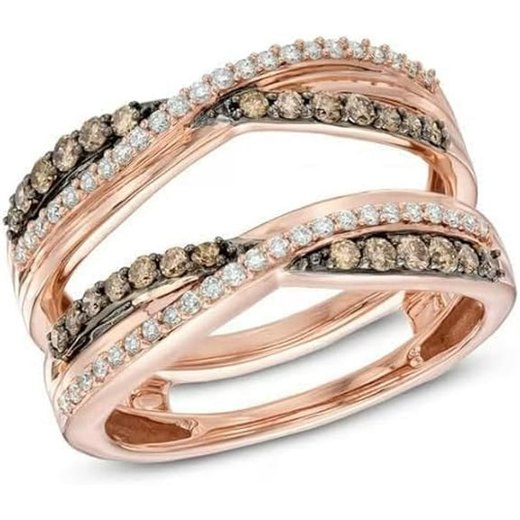 beryl_creation 14K Rose Gold Plated 2.33 Ct Round Cut Brown & White Diamond Wedding Engagement Enhancer Guard Wrap Ring 925 Sterling Silver For Women's -9