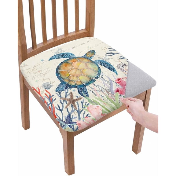 Sea Turtle Seat Covers for Dining Chairs, Summer Beach Coral Stretch Kitchen Chair Slipcovers, Retro Nautical Coastal Dining Room Chair Covers Removable Office Chair Cover Protector Set of 6