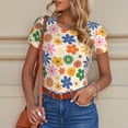 thumbnail image 6 of KLL Women 's Crew Neck Bodysuit Jumpsuits Groovy Daisy Flowers Print Short onesies Stretch T Shirts, 6 of 7