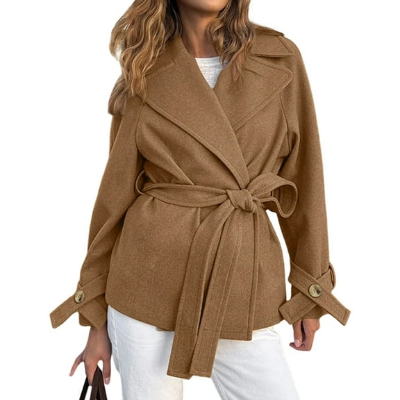 Womens Classic Stand Collar Outwear Overcoat Long Sleeve Winter Belted Pea Coat Brown S